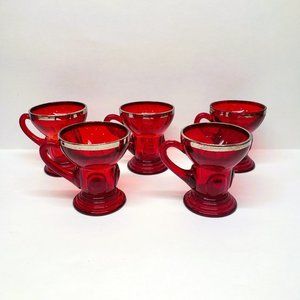 Vintage New Martinsville Ruby Red Moondrops Whiskey Glass Demitasse Gilt Set x5